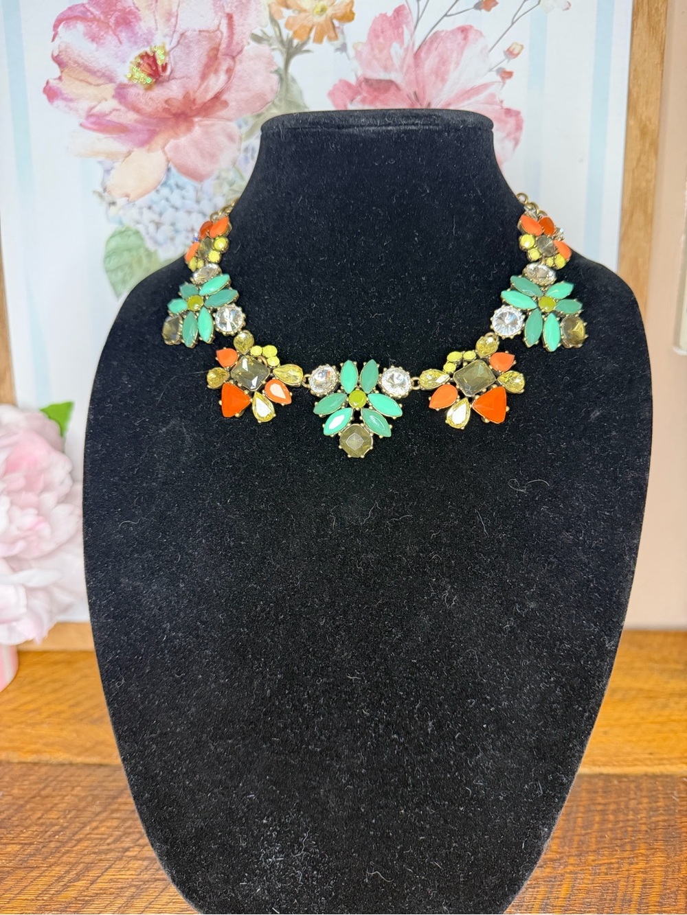 Stella & Dot Elodie Floral Crystal Necklacee in Green, Orange & Yellow